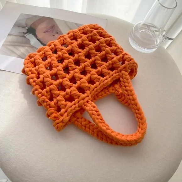 Orange Minimalist Crochet Square Bag for Vacation A01 - Picture 3 of 8
